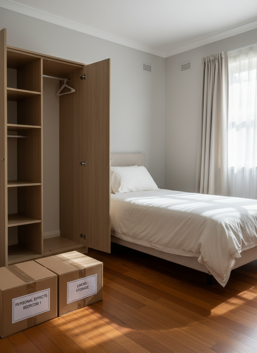 A tidy, partially cleared bedroom in a deceased estate, showcasing a neatly made bed with a plain, light-colored duvet, an empty wooden wardrobe with doors open to reveal clean, organized shelves, and two sealed, labeled boxes placed carefully on the floor. Gentle midday light enters through a window with simple curtains, casting soft, reassuring shadows. The photographic realism emphasizes clean lines and neutral tones, with an eye-level composition that keeps all key elements in focus. The mood is respectful, calm, and systematically organized, visually communicating sensitive handling of personal spaces and a professional approach to preparing the room for its next stage.