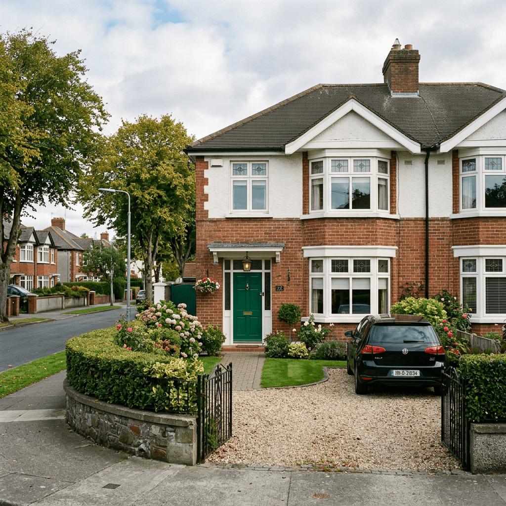 Brick and white semi-detached house with green front door, bay windows, garden, and black car