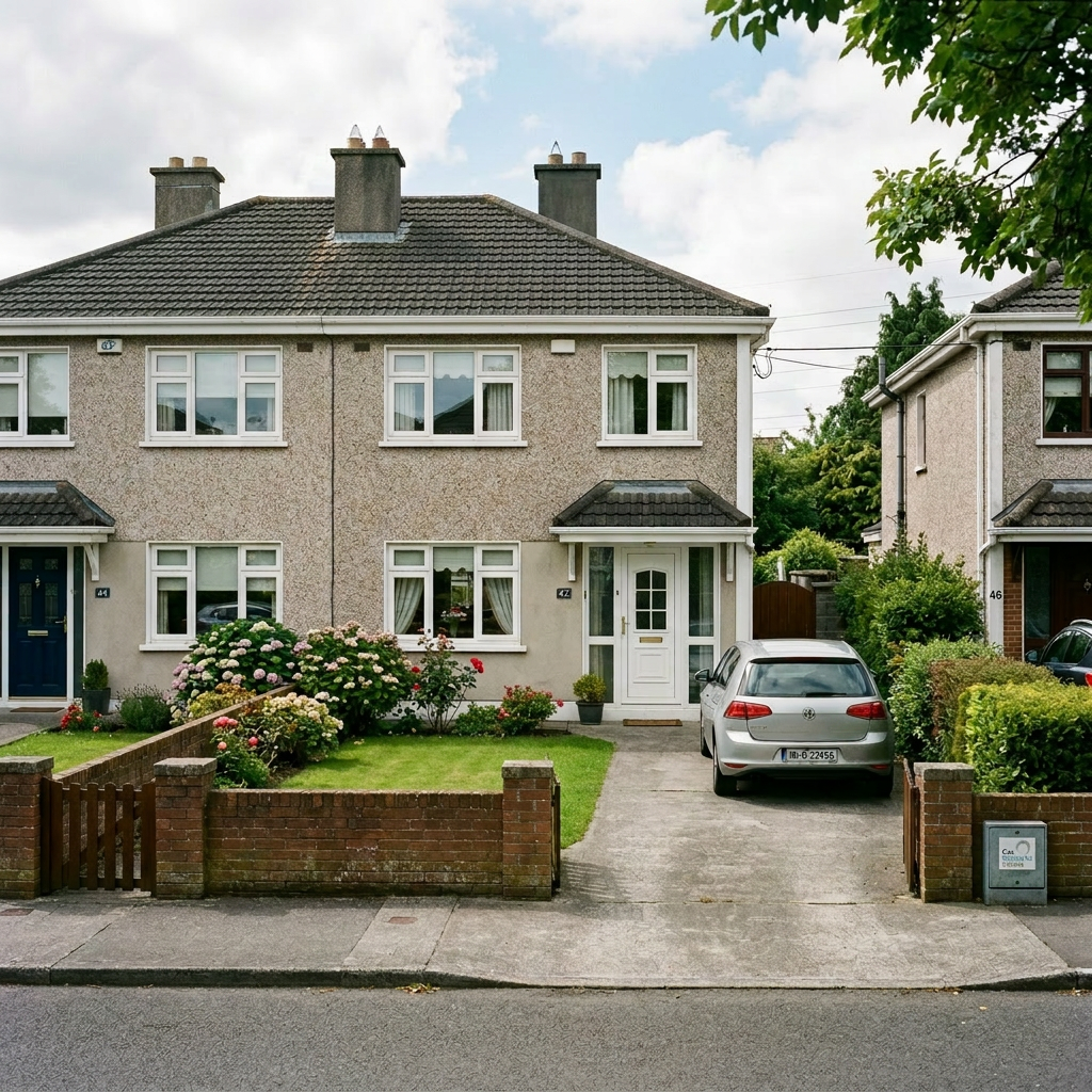 A semi-detached residential house with front garden and a silver car parked in driveway