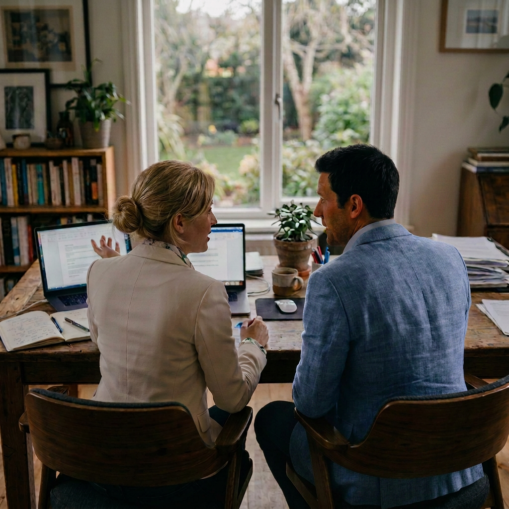 Two people sitting at a wooden desk working on laptops in a home office.