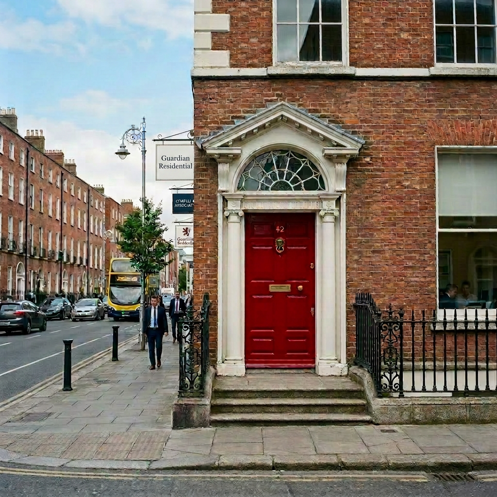 Historic brick building entrance with red door Red door numbered 42 in a historic brick building with white decorative frame